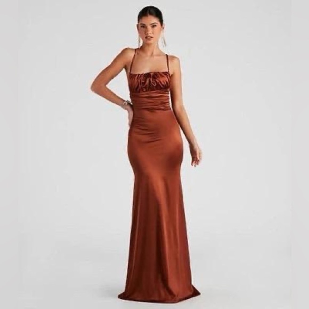 Windsor Elegant Brown Satin Evening Gown